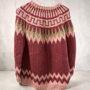Handmade 100% Wool Greek Fair Isle Sweater Burgundy Pink Green Womens Medium